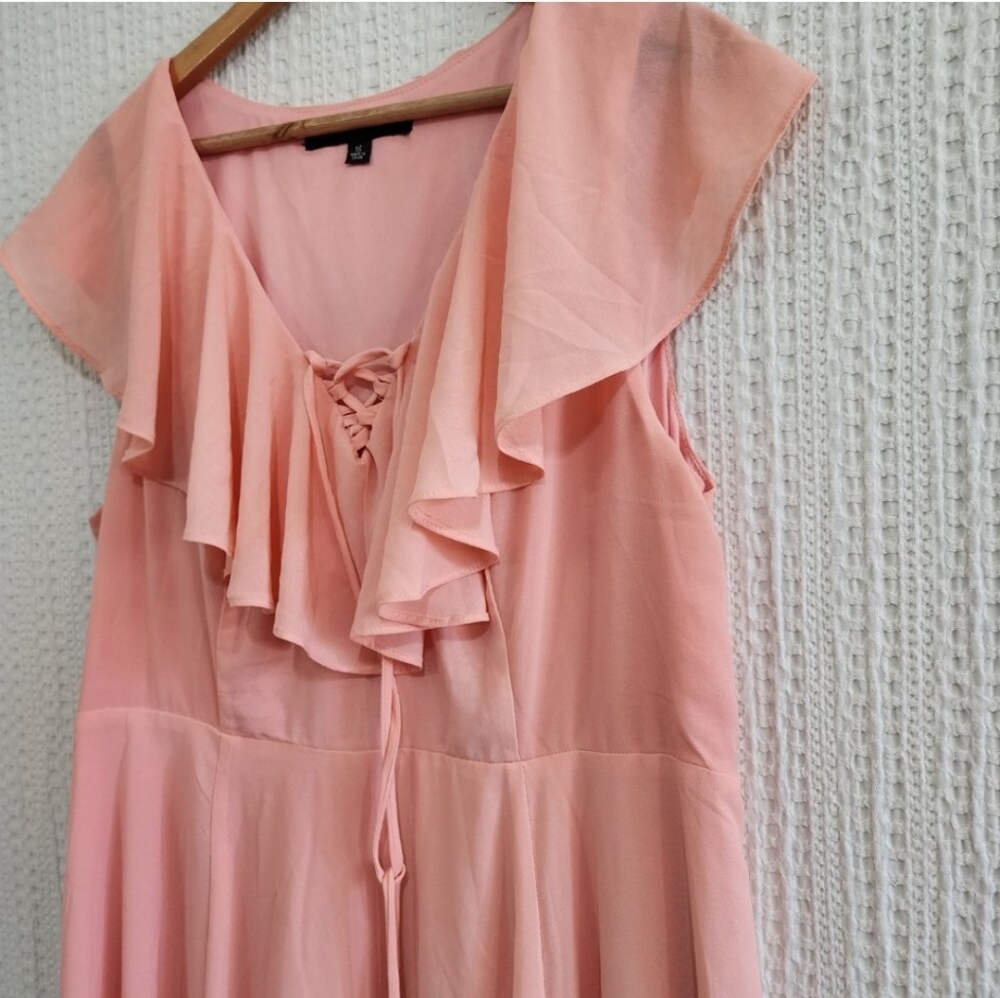 torrid | Apricot Lace Up High Low Ruffle Tier Layered Midi Dress - Picture 7 of 16